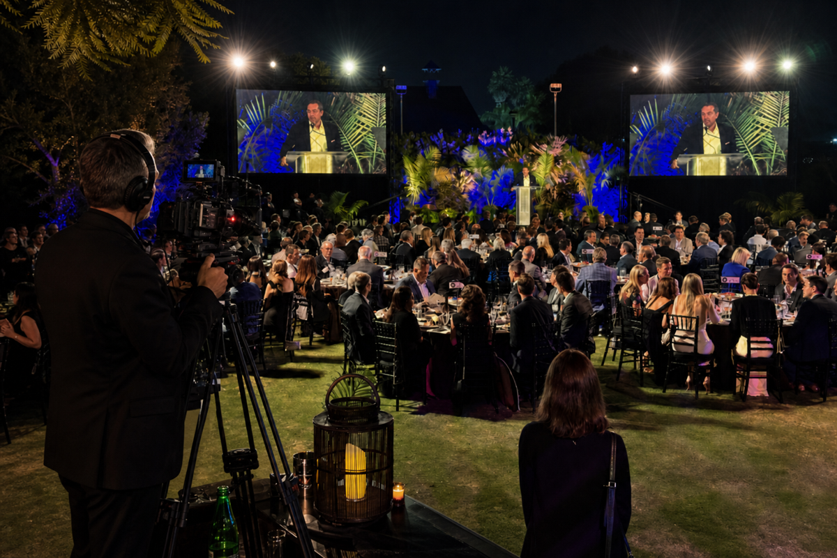 On-camera corporate interview being recorded at an event for a video podcast
