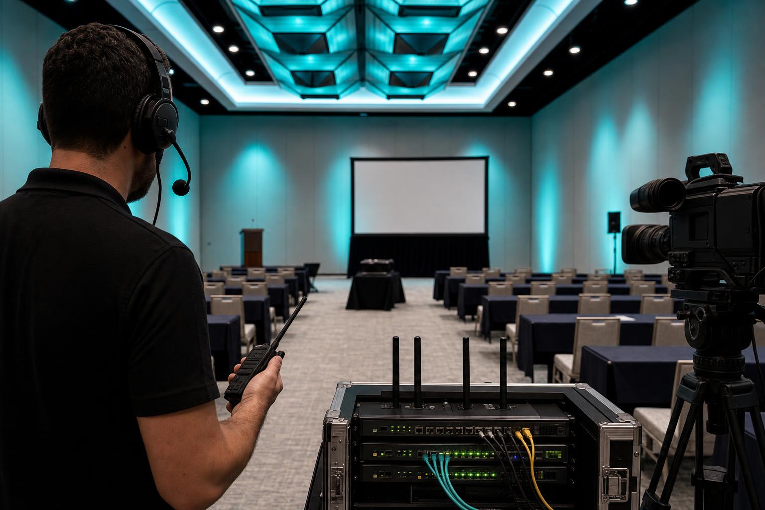 Network engineer configuring wireless gear at a corporate breakout room before doors open