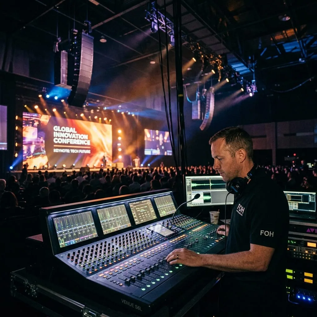 Audio engineer at large format mixing console at a corporate conference with line arrays overhead