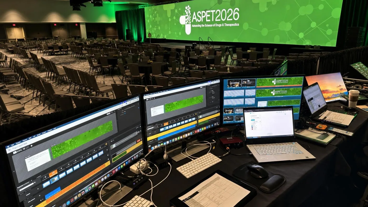 Full AV tech table with mixing console, equipment racks, and cabling at a hotel ballroom event