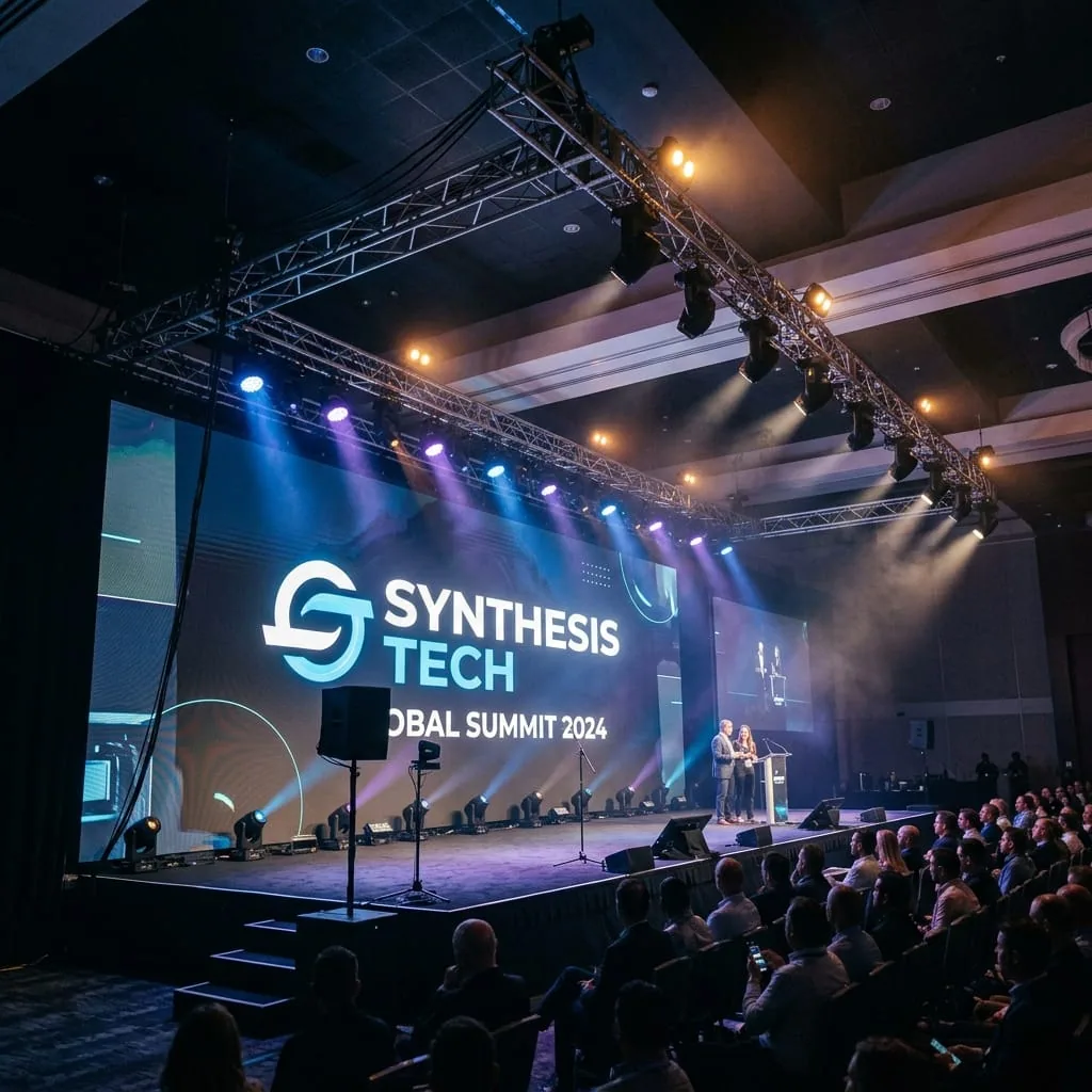 Massive LED video wall displaying branded corporate event graphics