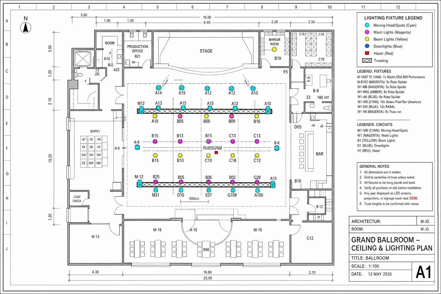 Digital CAD ceiling and lighting plot for a grand ballroom with color-coded moving heads, wash lights, truss, and fixture circuit legend