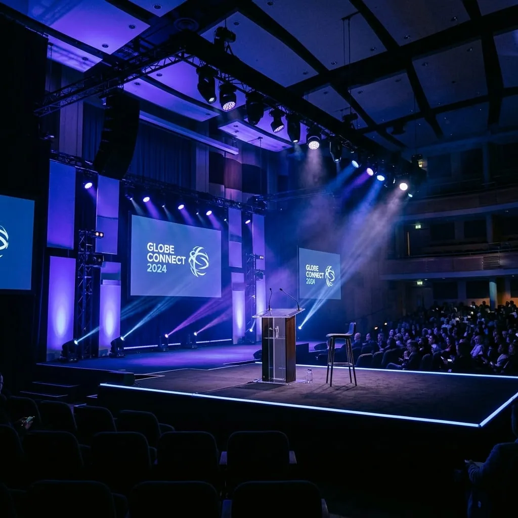 Corporate conference stage with dramatic indigo uplighting and moving head fixtures